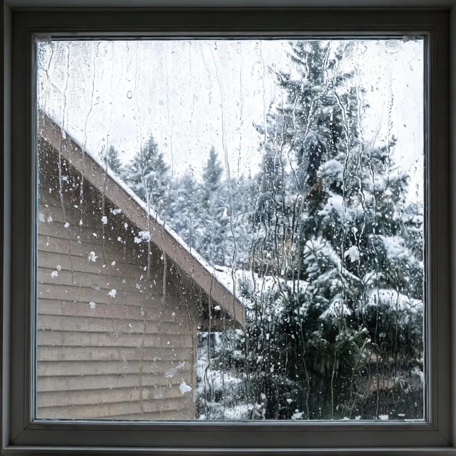 View through a wet, condensation-streaked square window of a snow-covered roof and wood-sided building beside snowy conifer trees.