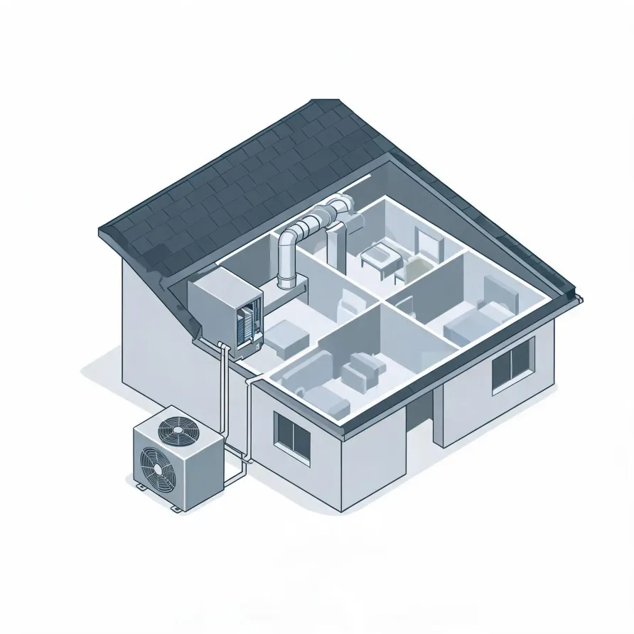 Isometric cutaway illustration of a single-story house showing interior rooms, ceiling ductwork connected to an indoor air handler, and an outdoor condenser unit beside the exterior wall.