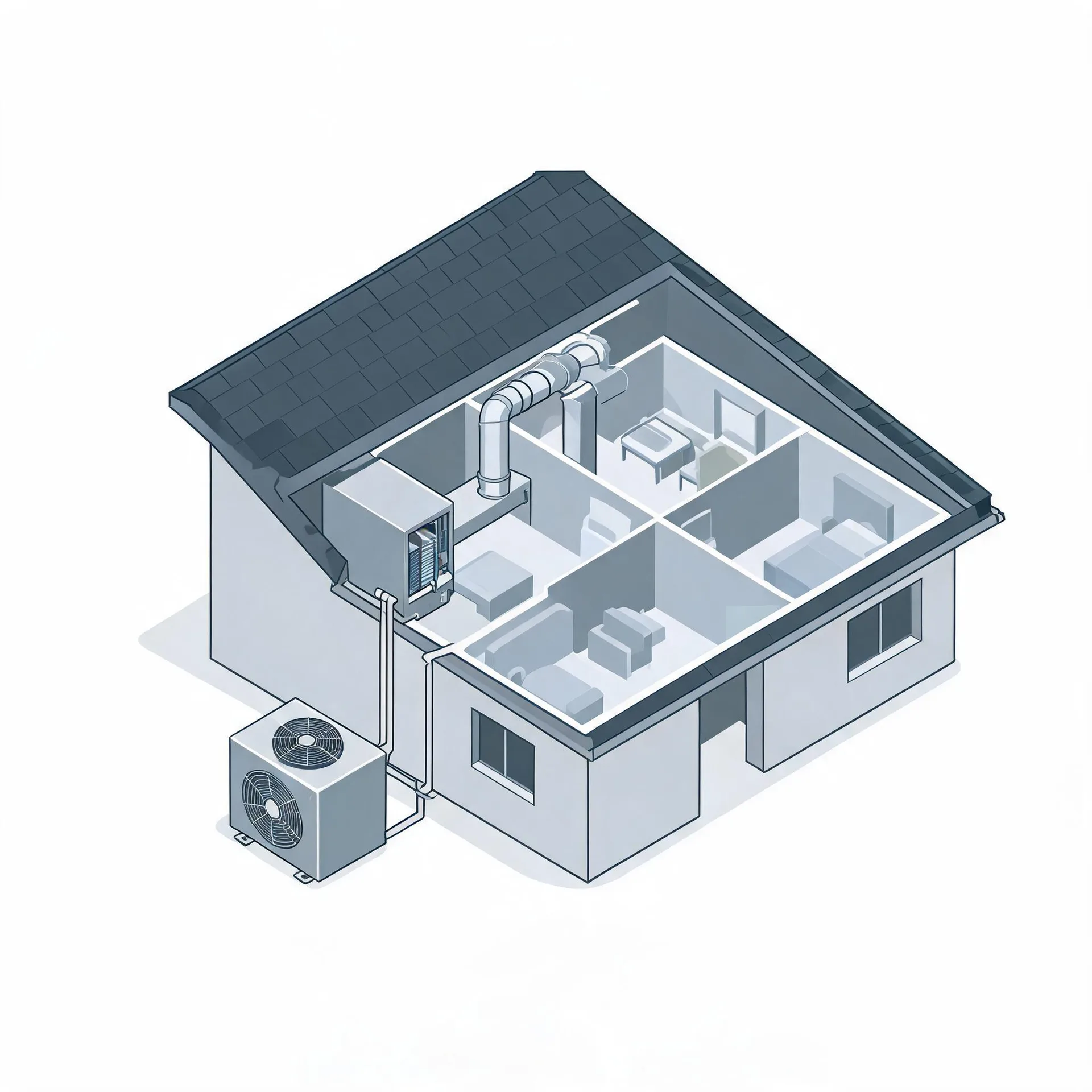 Isometric cutaway illustration of a single-story house showing interior rooms, ceiling ductwork connected to an indoor air handler, and an outdoor condenser unit beside the exterior wall.