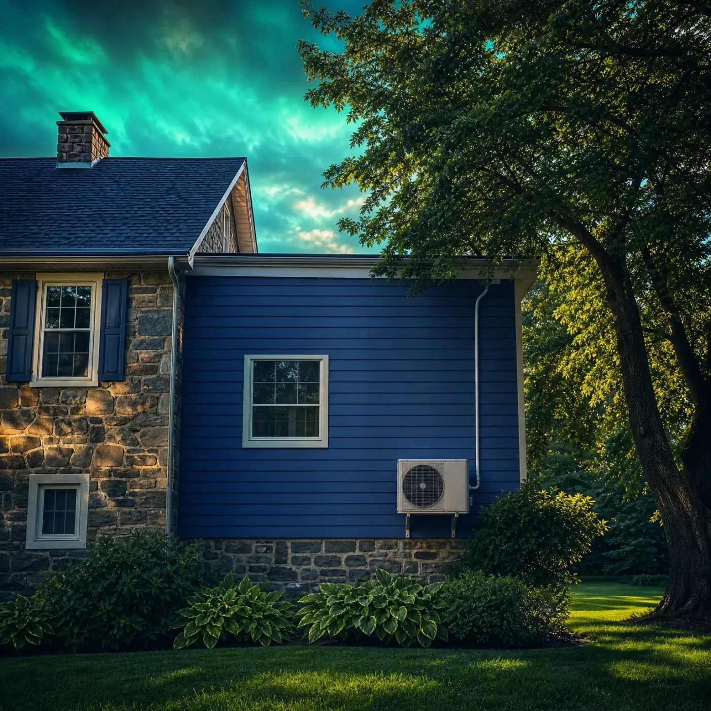 Side of a house with dark blue horizontal siding and a stone section with windows, a wall-mounted outdoor condenser unit and drain line, surrounded by shrubs, lawn and a large tree under a teal-tinted cloudy sky.