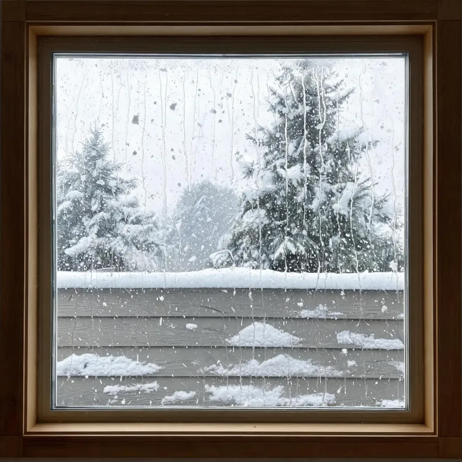 View through a wet, streaked window in a wooden frame showing falling snow, snow-covered evergreen trees, and a gray horizontal lap-sided wall with snow patches.