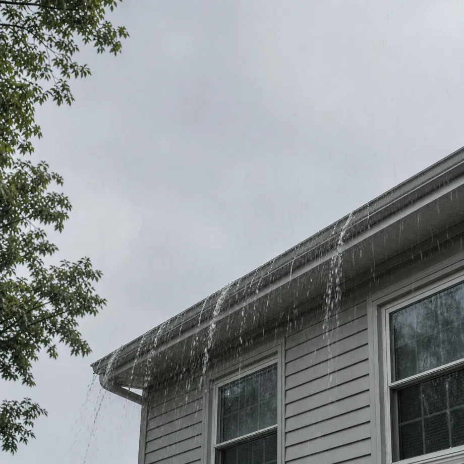 Water overflowing from the gutter along the roof edge of a gray horizontal-sided house with white-trimmed windows, under an overcast sky, with green tree branches at the left.