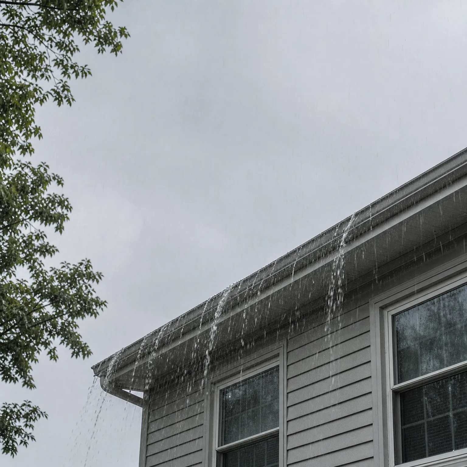Water overflowing from the gutter along the roof edge of a gray horizontal-sided house with white-trimmed windows, under an overcast sky, with green tree branches at the left.