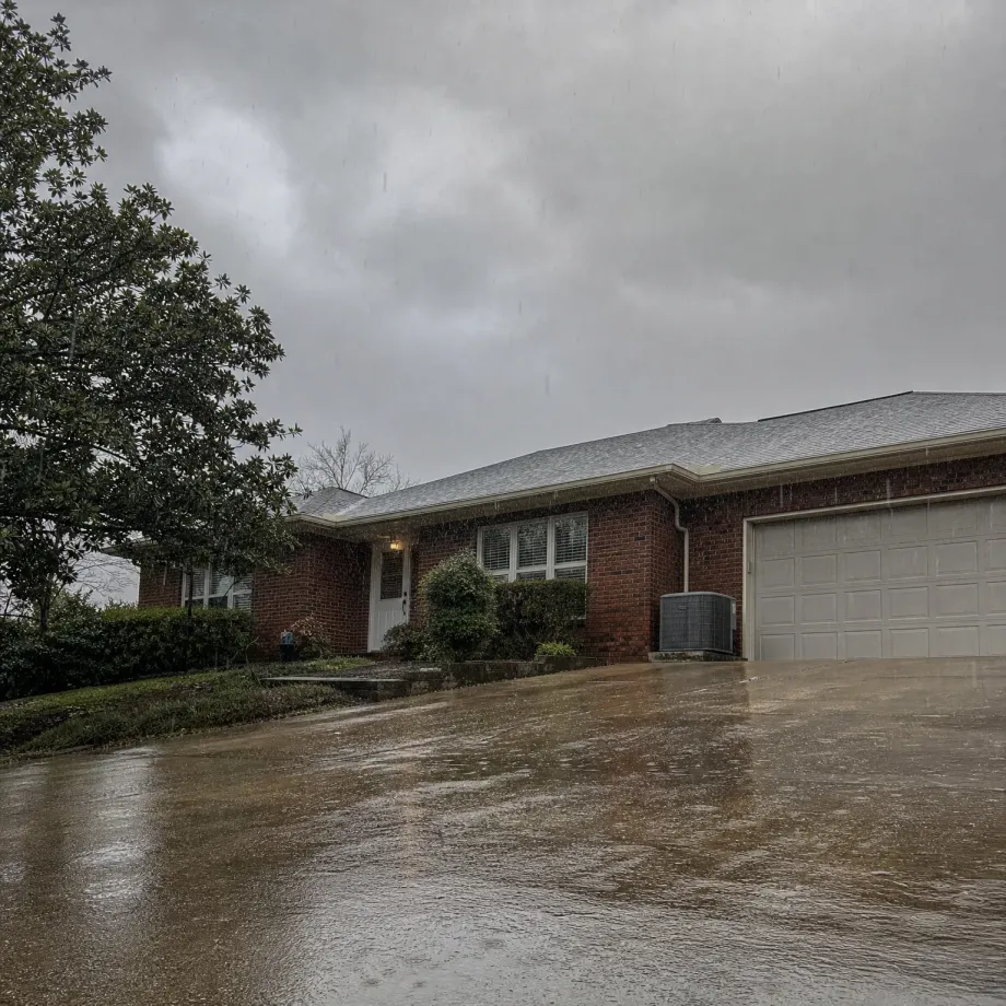 A single-story brick house with a two-car garage and white door, photographed during rain with a wet concrete driveway in the foreground under a gray overcast sky.