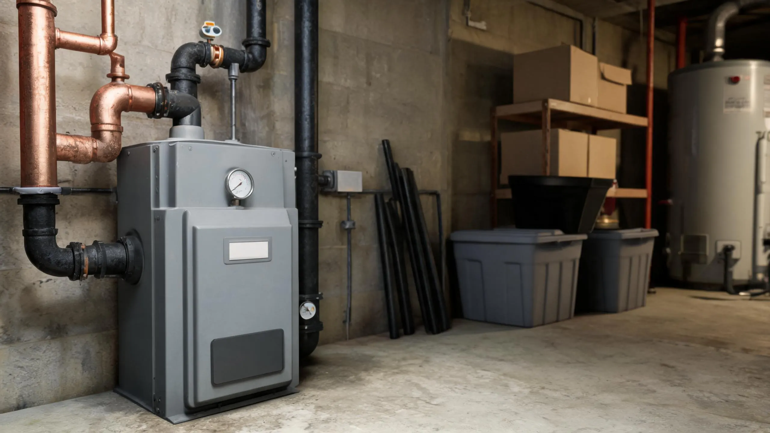 A gray boiler with copper and black iron pipe connections stands against a concrete basement wall, with a water heater and storage shelving visible in the background.