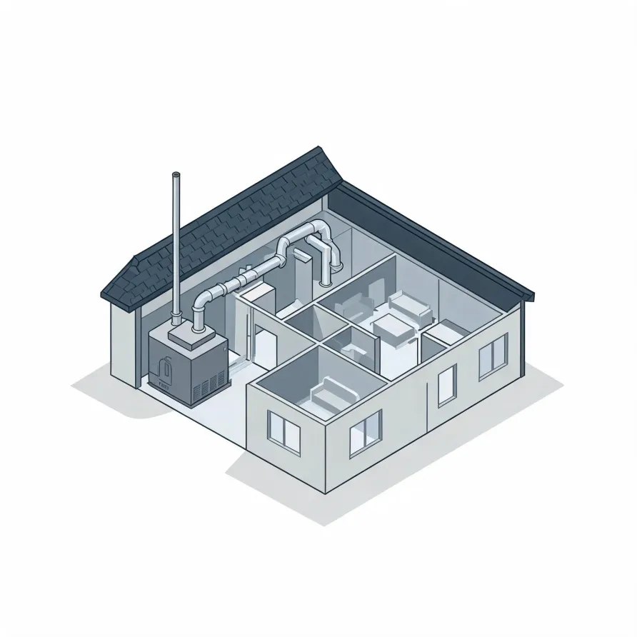 Isometric grayscale illustration of a cutaway single-story house showing interior rooms with furniture, plus an exterior furnace unit with a tall flue pipe and ducting running into the attic space.
