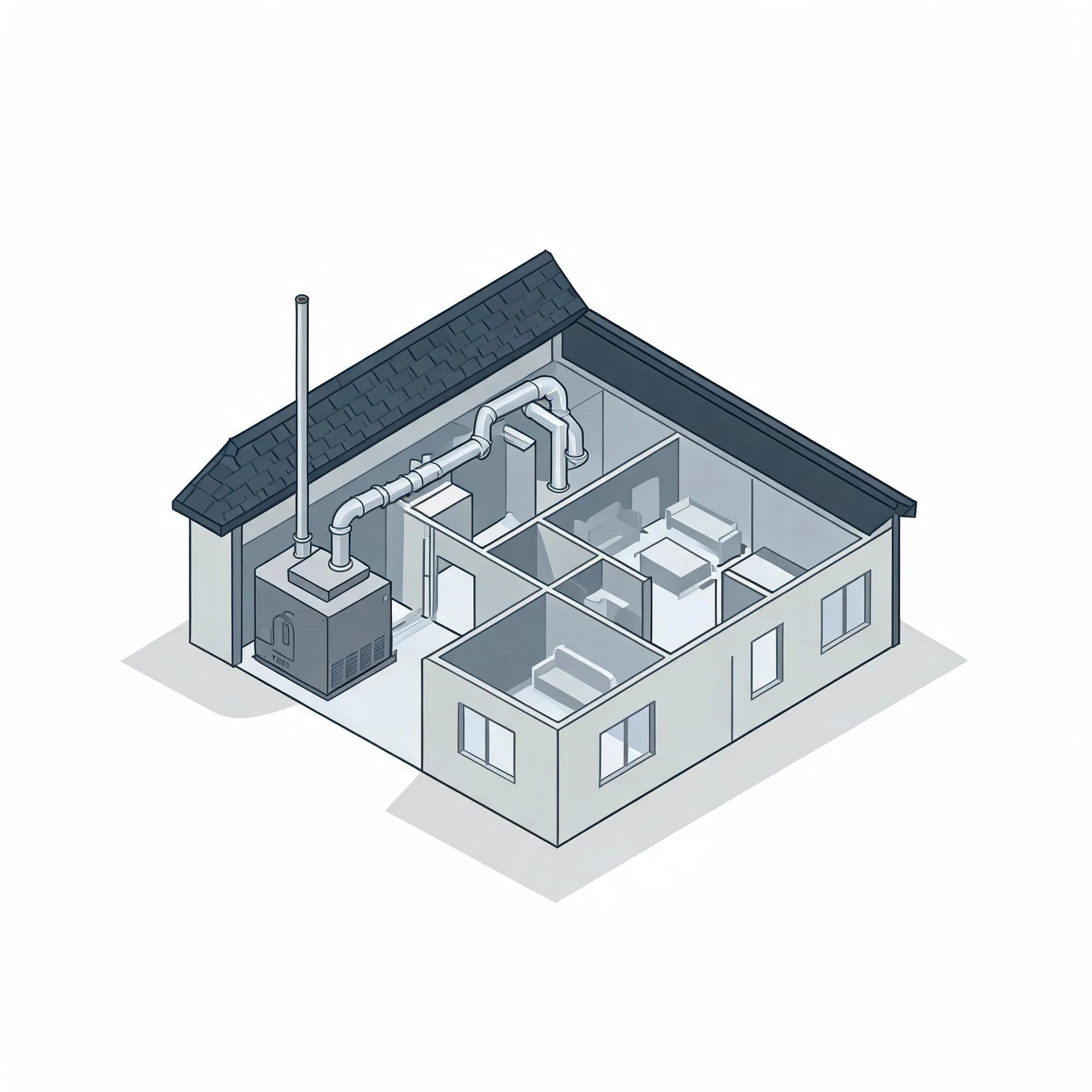 Isometric grayscale illustration of a cutaway single-story house showing interior rooms with furniture, plus an exterior furnace unit with a tall flue pipe and ducting running into the attic space.