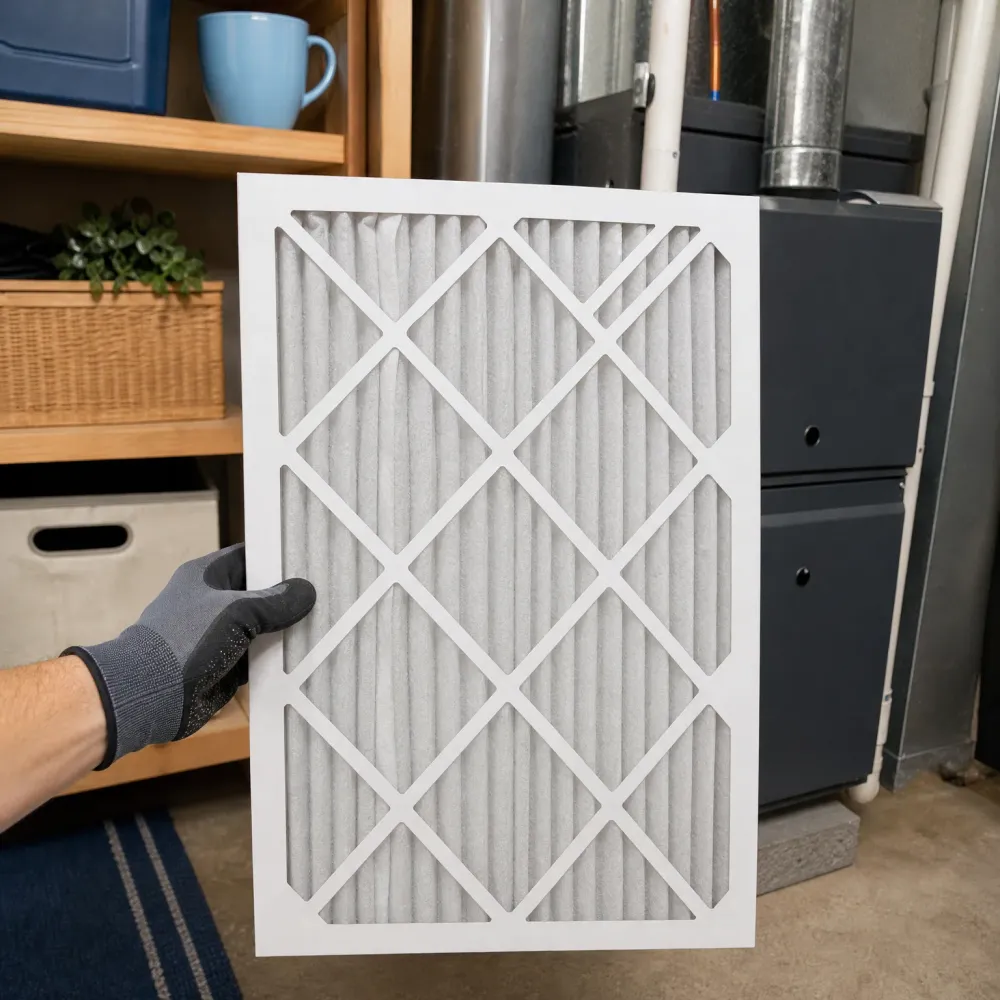 A gloved hand holds a white pleated air filter in front of a furnace and wooden shelving holding baskets, bins, a mug and a plant.
