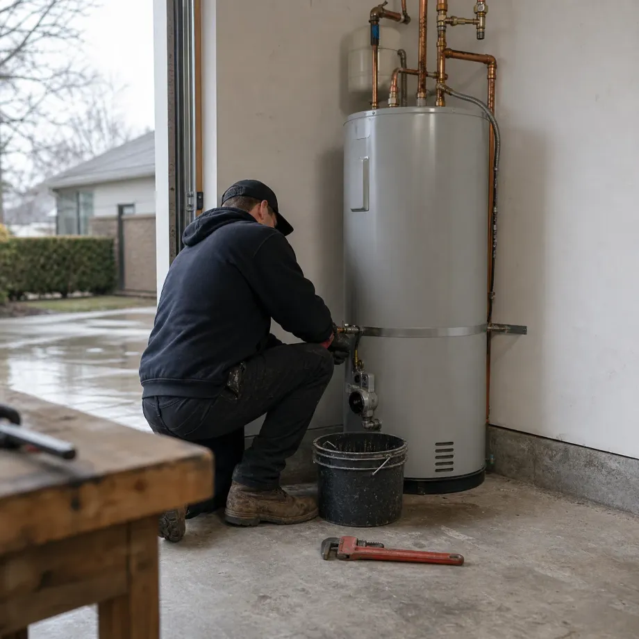 A person in a dark hooded jacket and cap crouches beside a large water heater with copper piping in an open garage, with a black bucket and a red pipe wrench on the concrete floor.