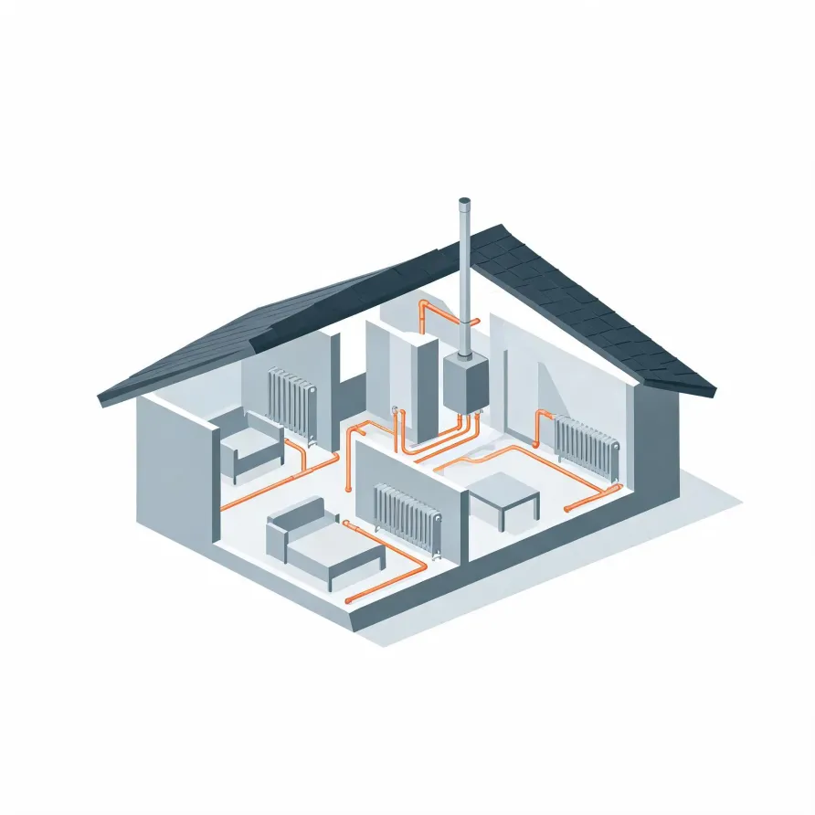 Isometric cutaway illustration of a single-storey house showing a wall-mounted boiler with a flue through the roof, orange pipes running through rooms to several radiators, and simple grey furniture.