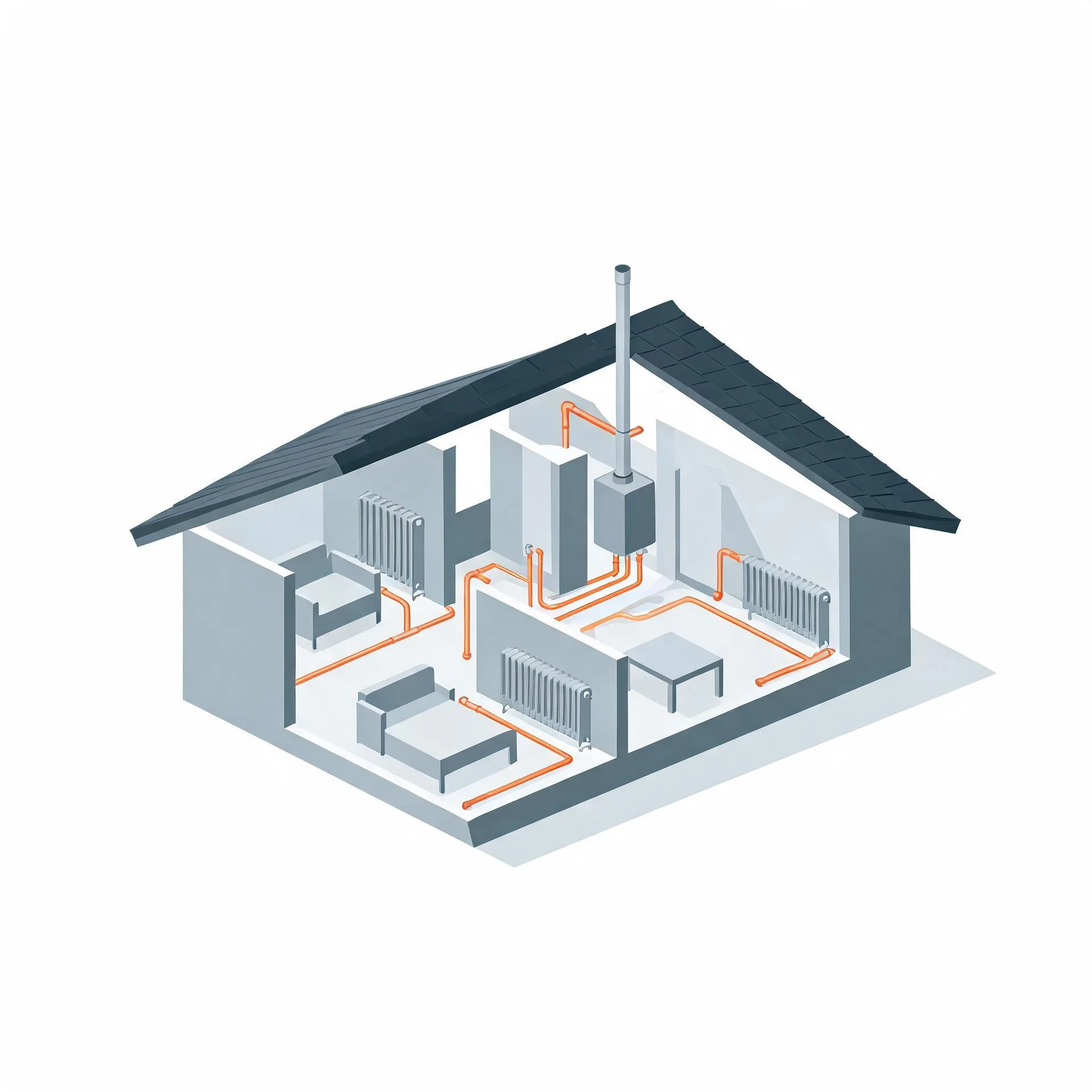 Isometric cutaway illustration of a single-storey house showing a wall-mounted boiler with a flue through the roof, orange pipes running through rooms to several radiators, and simple grey furniture.