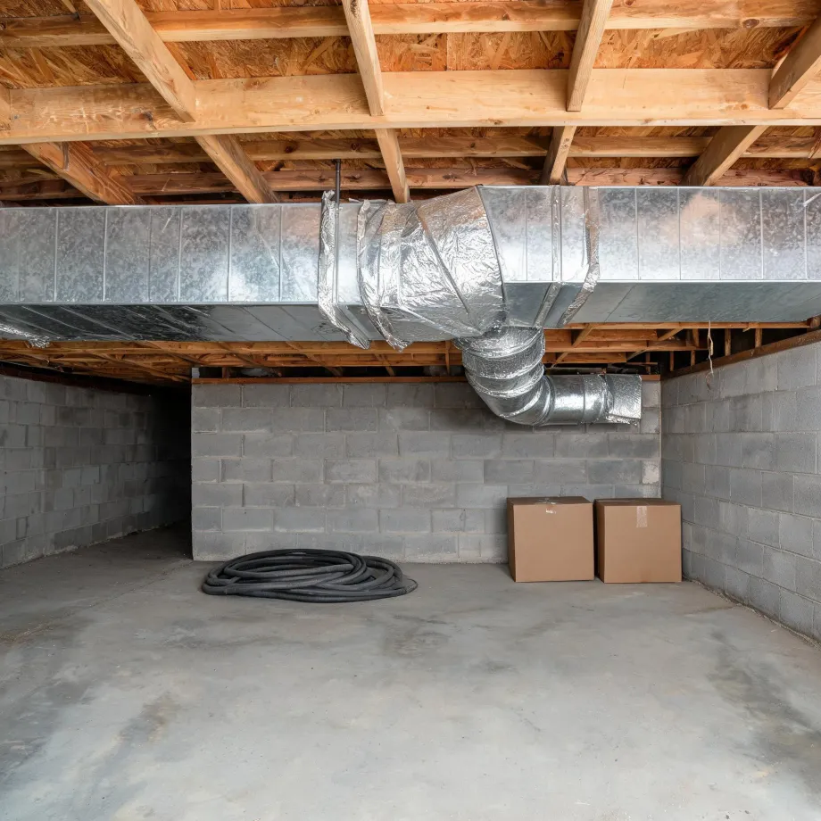 Unfinished basement with concrete block walls, a bare concrete floor, exposed wood joists and subfloor overhead, a large galvanized metal duct trunk with insulated flexible branches, a coiled black hose on the floor, and two cardboard boxes in the corner.