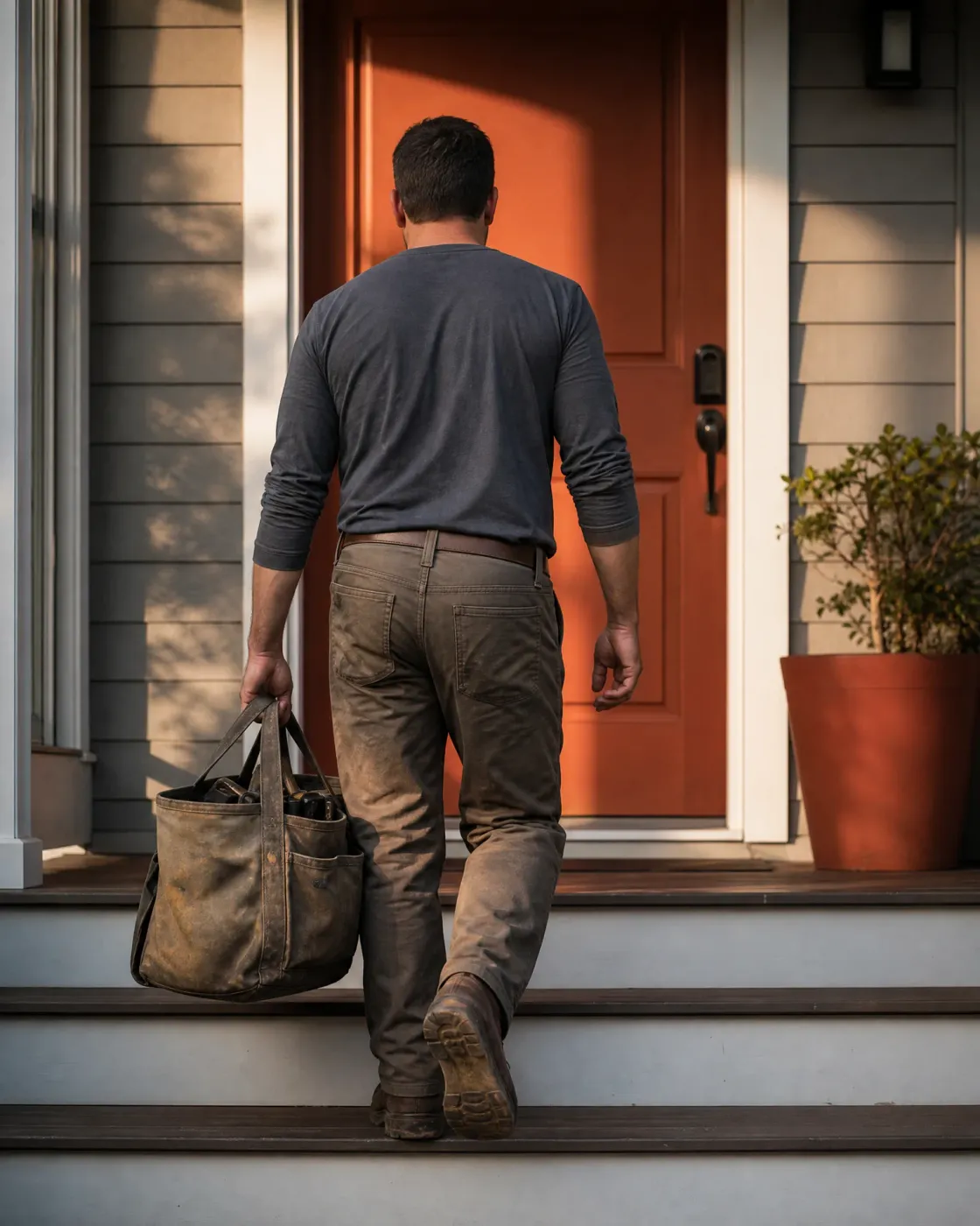 A man in a gray long-sleeve shirt and work pants carries a canvas tool bag as he climbs porch steps toward an orange front door of a gray clapboard house, with a potted shrub to the right.