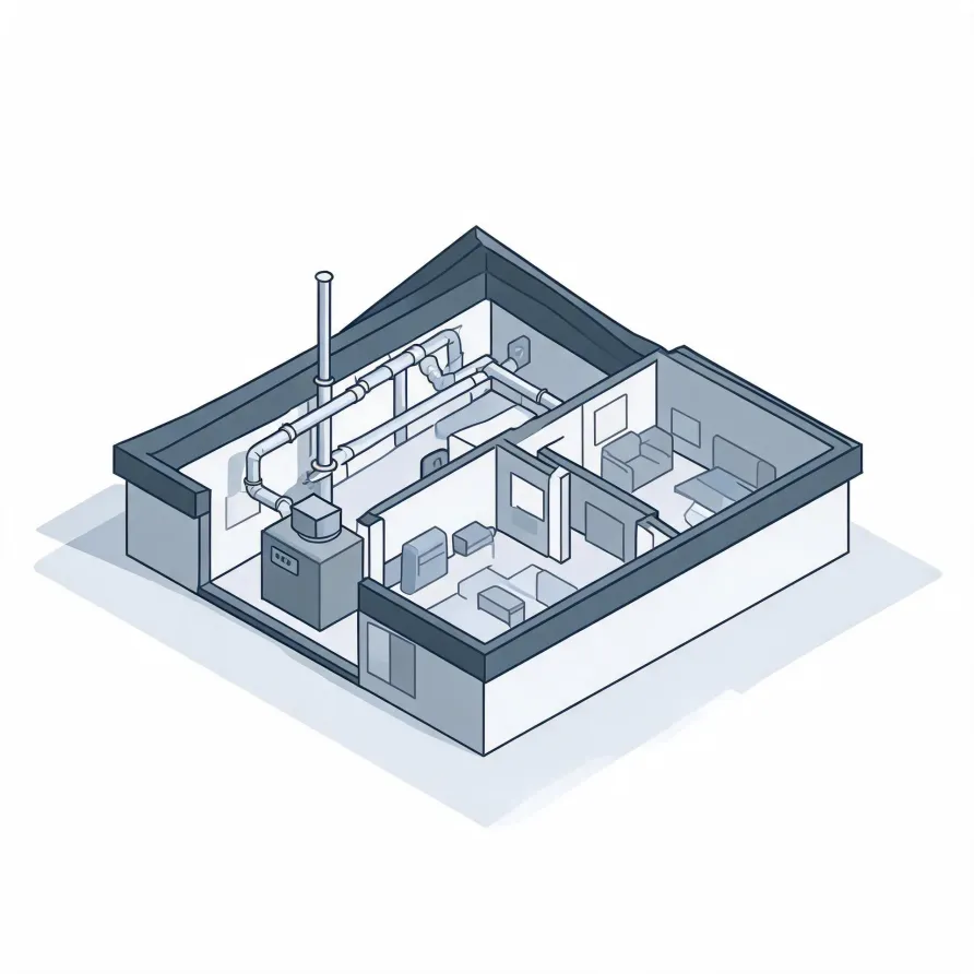 Isometric line illustration of a cutaway building interior showing a furnace unit with a flue pipe and ductwork running along the ceiling, plus adjacent rooms with simplified furniture.