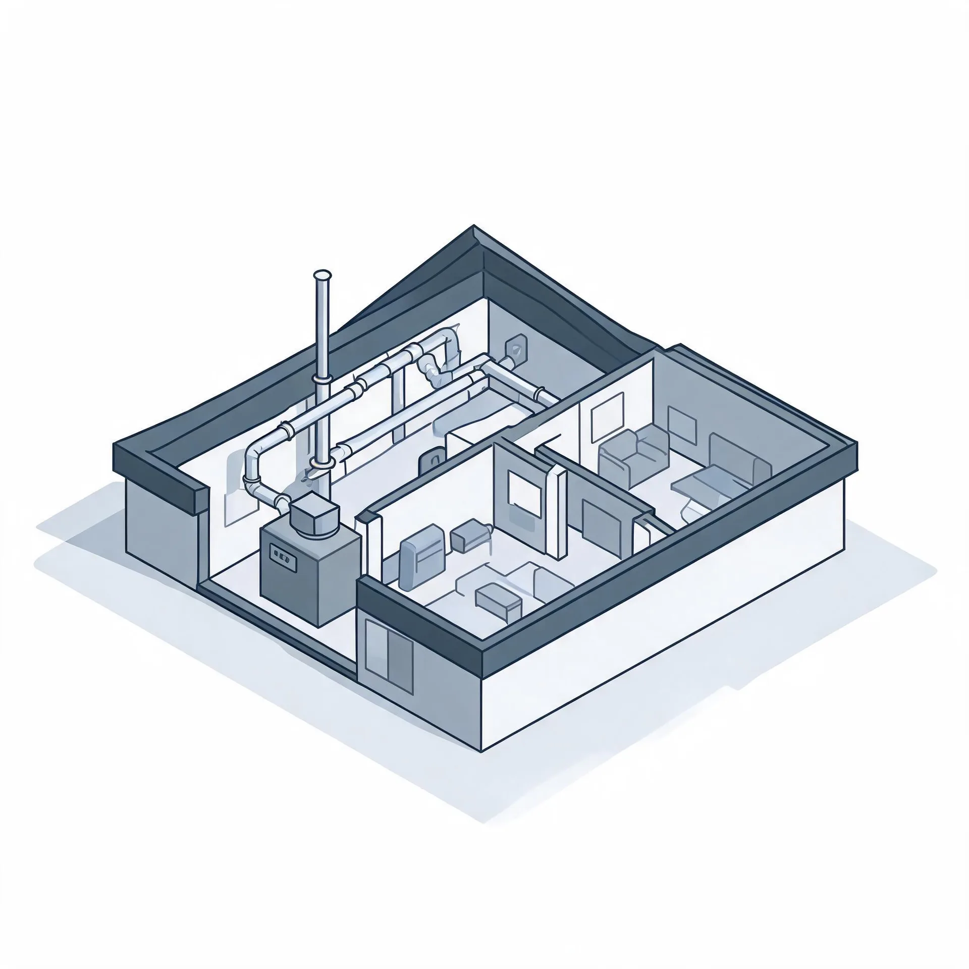 Isometric line illustration of a cutaway building interior showing a furnace unit with a flue pipe and ductwork running along the ceiling, plus adjacent rooms with simplified furniture.