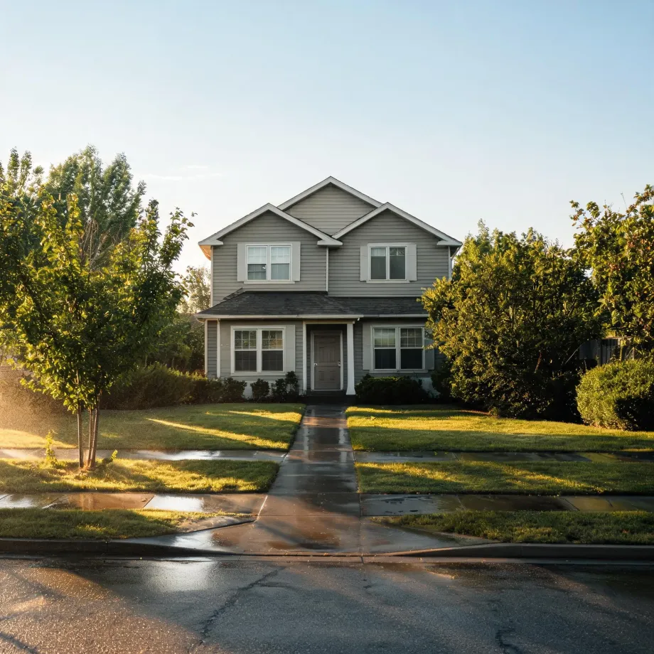 A two-story gray horizontal-siding house with gabled roof and covered entry, fronted by a lawn, trees, a wet concrete walkway and sidewalk, and a wet street in low sunlight.