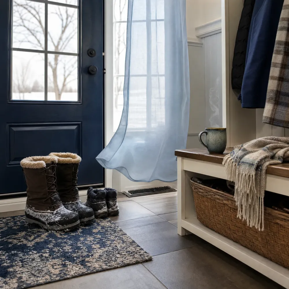 An entryway with a dark blue door and snowy trees outside, snow-dusted winter boots and smaller boots on a patterned rug, a floor vent, a sheer blue curtain, a white bench with a wicker basket, a fringed plaid throw, a steaming mug, and coats hanging on the wall.