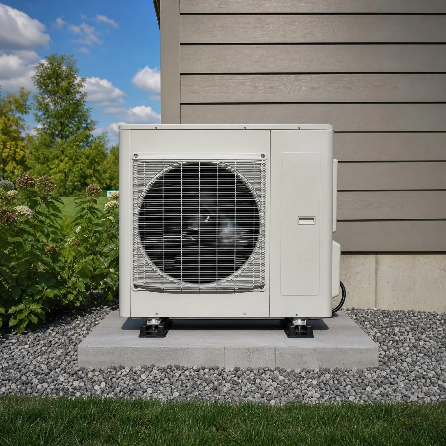 A white mini-split heat pump outdoor unit mounted on a concrete pad beside a gray-sided house, surrounded by gravel and green shrubs.