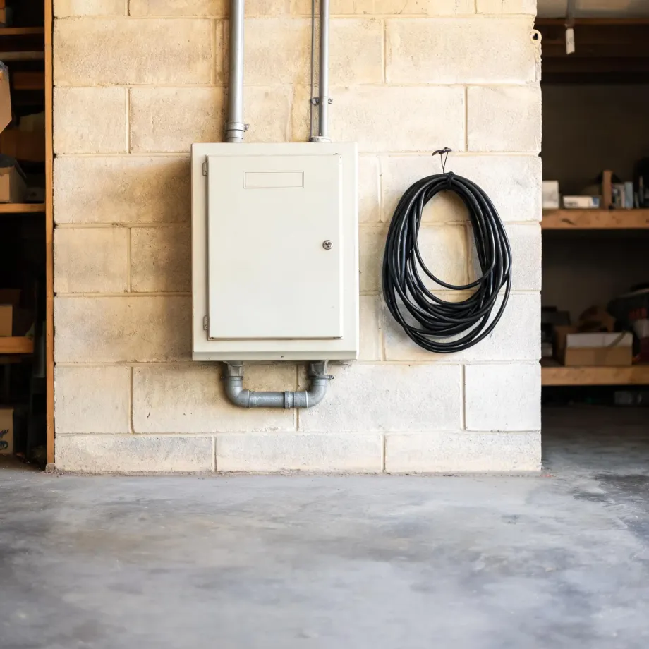 A cream-colored metal electrical panel with conduit pipes mounted on a concrete block wall, next to a coiled black cable hanging from a hook, above a bare concrete floor.