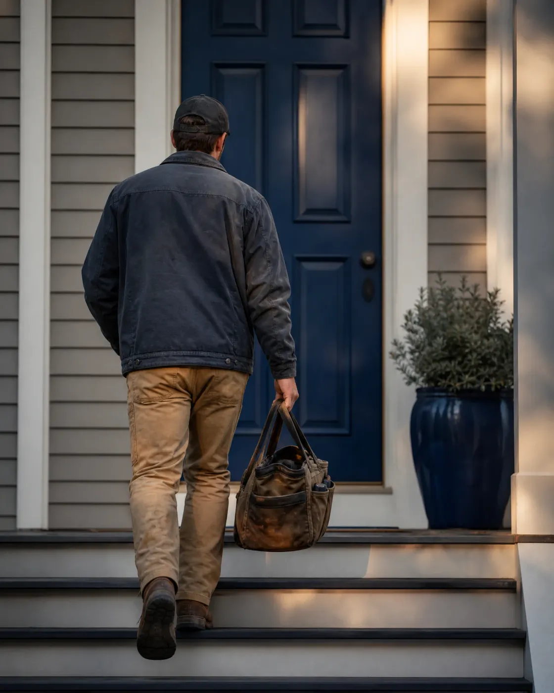 A man in a cap, dark jacket and tan pants carries a worn duffel bag as he climbs porch steps toward a dark blue front door beside a potted shrub.