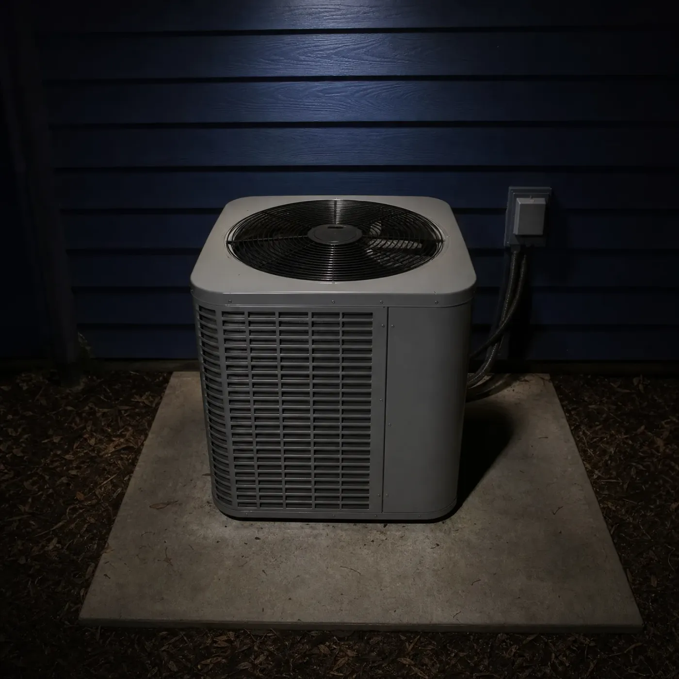 A gray outdoor condenser unit with a top-mounted fan sits on a concrete pad against dark blue horizontal lap siding at night, with a wall-mounted disconnect box and refrigerant lines to its right.
