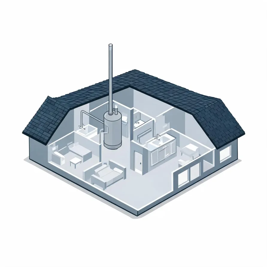 Isometric cutaway illustration of a single-story house showing interior rooms with furniture, sinks and cabinets, and a central cylindrical water heater with a tall vent pipe extending through the shingled roof.