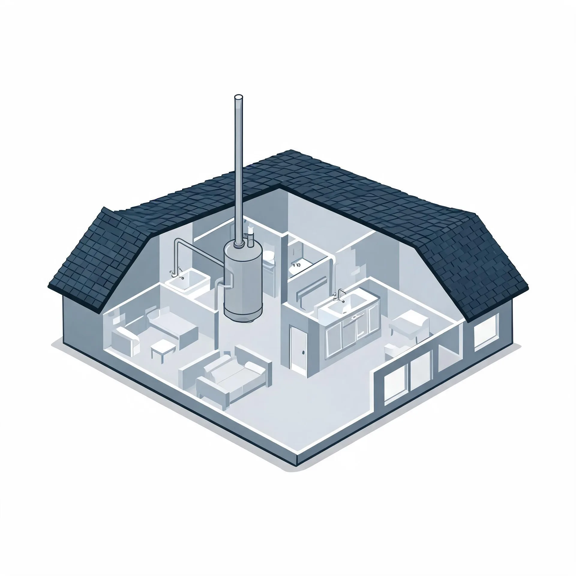 Isometric cutaway illustration of a single-story house showing interior rooms with furniture, sinks and cabinets, and a central cylindrical water heater with a tall vent pipe extending through the shingled roof.