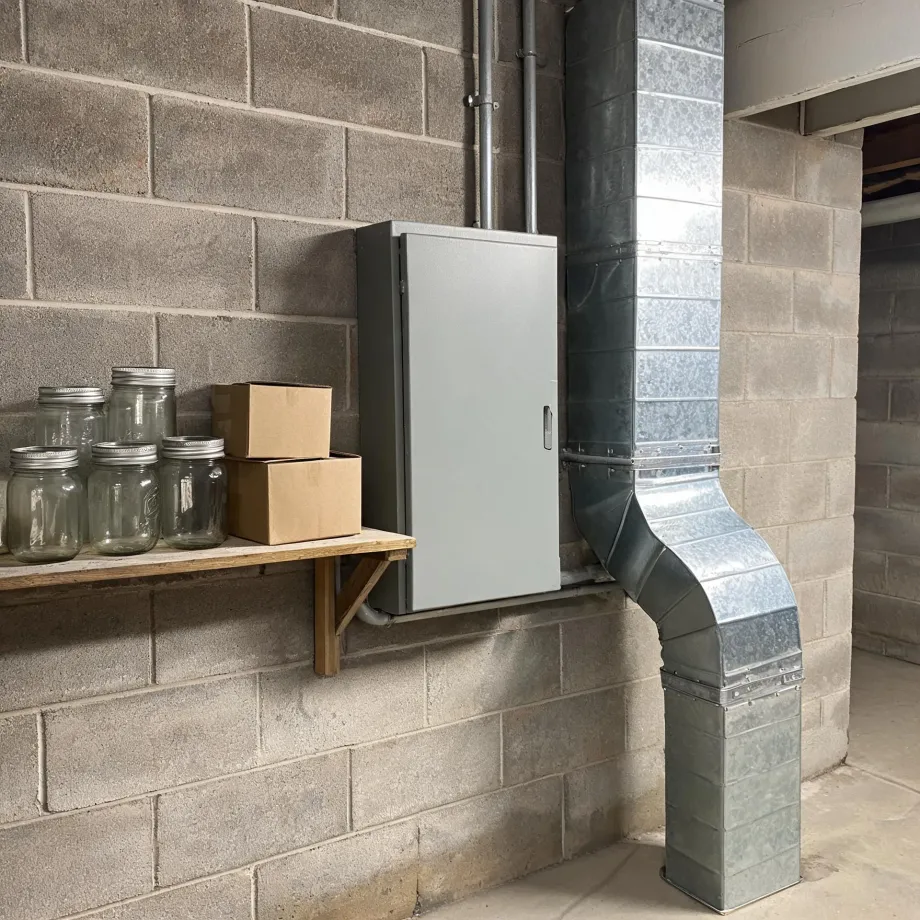A concrete block basement wall with a gray metal electrical enclosure, galvanized sheet metal ductwork running floor to ceiling, and a wooden shelf holding glass canning jars and two cardboard boxes.