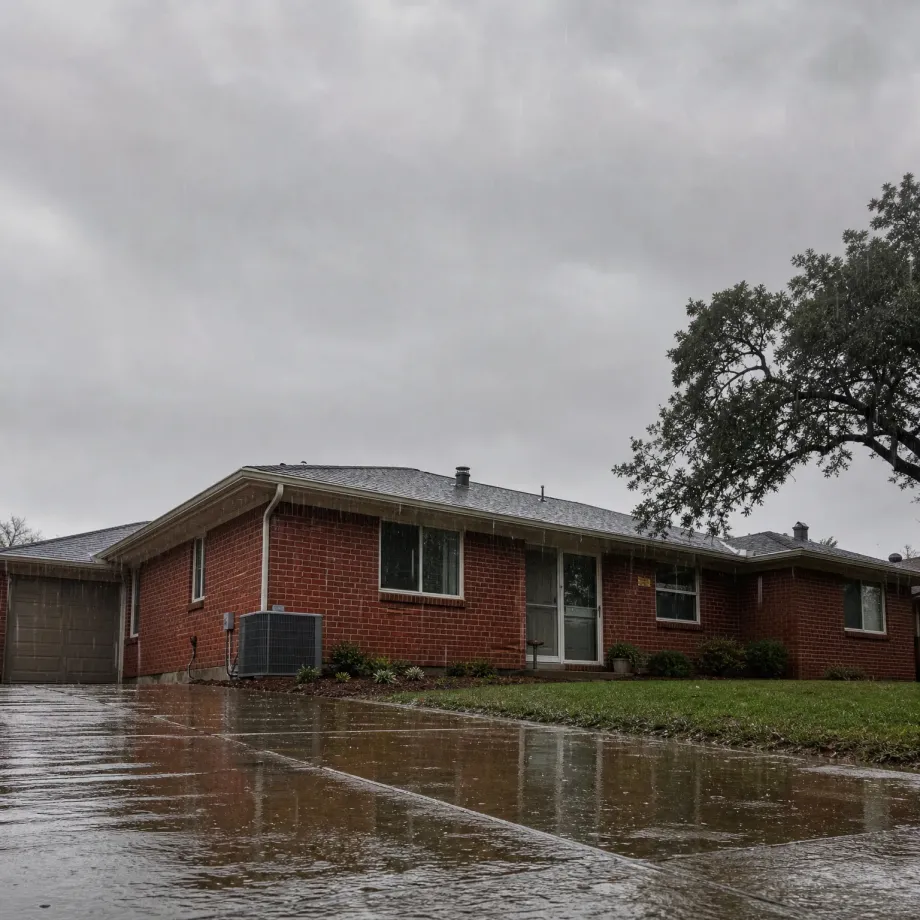 A single-story red brick ranch house with an attached garage, an exterior air conditioning unit, and a wet concrete driveway under an overcast rainy sky, with a large tree at right.