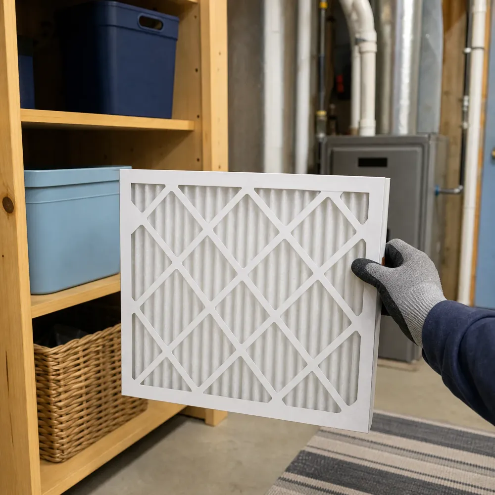 A gloved hand holds a pleated cardboard-framed air filter in a basement utility area with wooden shelving, storage bins, a wicker basket, and ductwork in the background.
