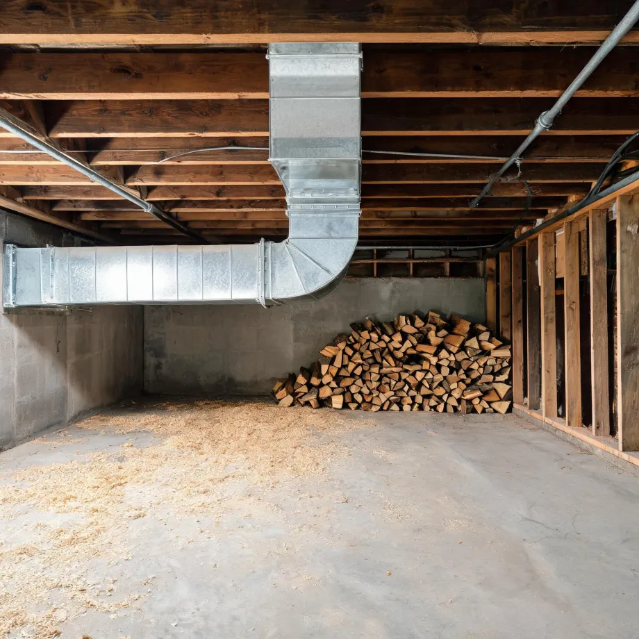Unfinished basement with exposed wood floor joists, galvanized sheet-metal ductwork, concrete block walls, a stacked pile of split firewood, and sawdust on the concrete floor.