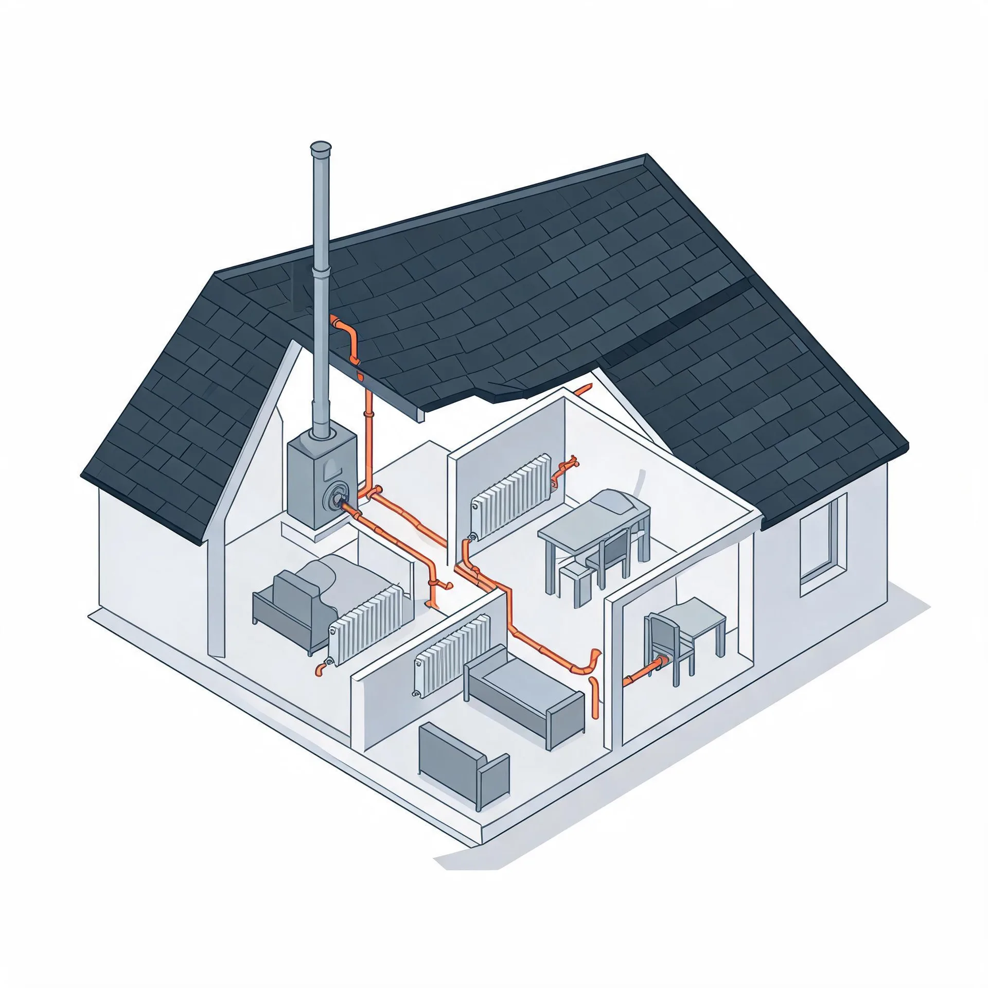 Isometric cutaway illustration of a single-storey house with a dark shingled roof, showing a boiler with a flue pipe and orange pipework running to radiators in furnished rooms.