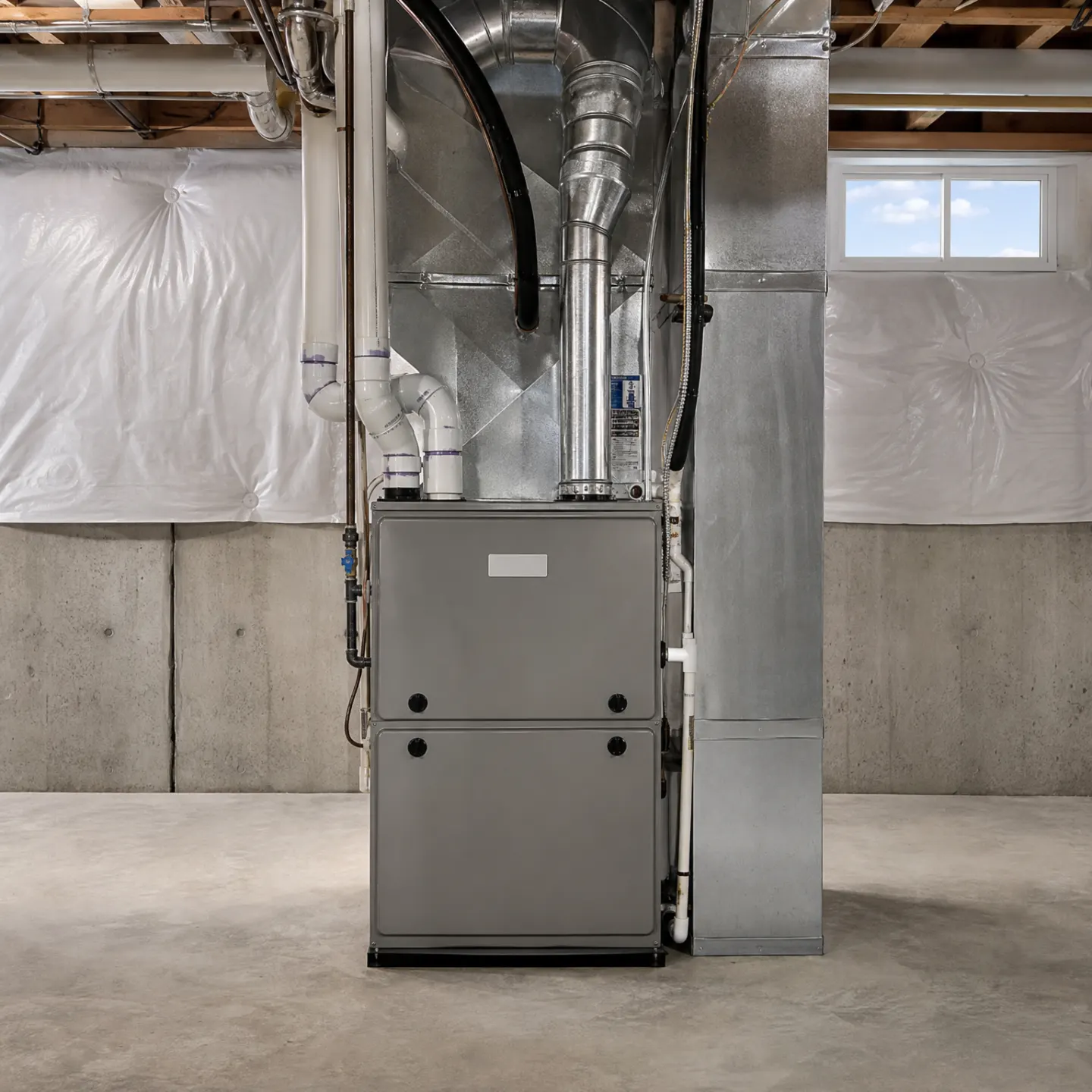 A gray residential gas furnace installed in an unfinished basement, connected to sheet-metal ductwork and PVC pipes.