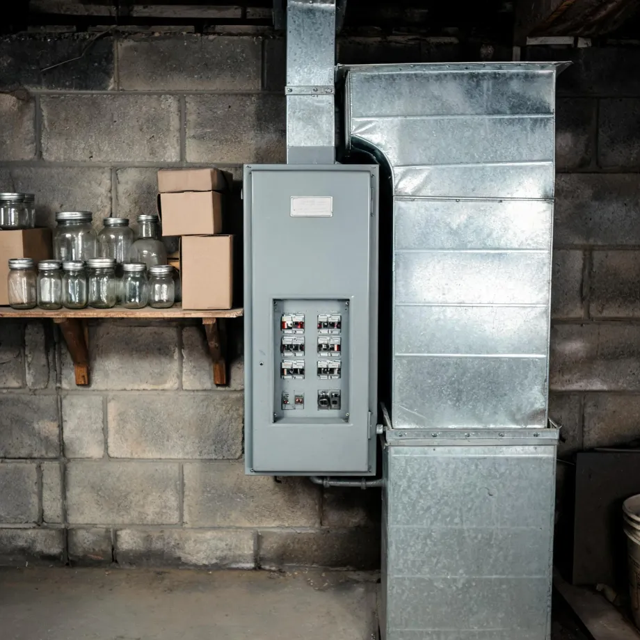 A gray electrical breaker panel with its door open mounted on a concrete block basement wall beside galvanized sheet metal ductwork, with glass canning jars and cardboard boxes on a wooden shelf at left.