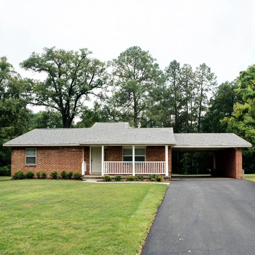 Single-story red brick ranch house with a gray shingled roof, white covered front porch with railing, and an attached carport at right, fronted by a mown lawn and an asphalt driveway with deciduous and pine trees behind.