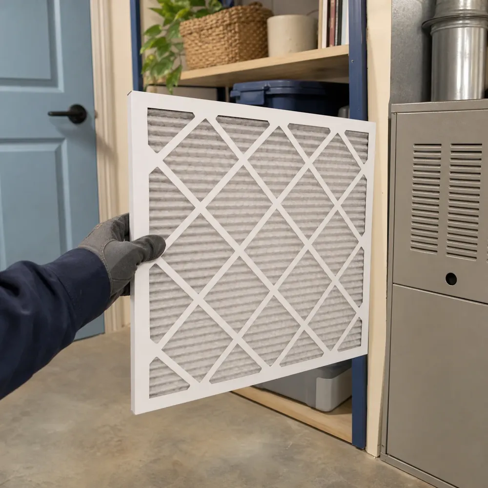 A gloved hand holds a pleated air filter in front of a furnace and shelving unit in an indoor utility space.
