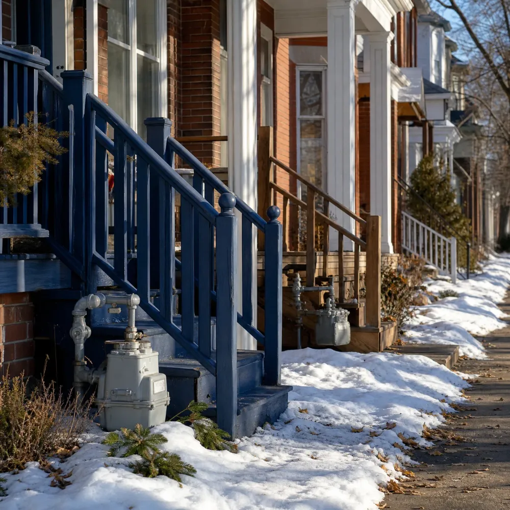 A row of attached brick houses with front porches, blue-painted wooden steps and railings, and exterior gas meters, beside a snow-covered sidewalk strip with scattered dry leaves.