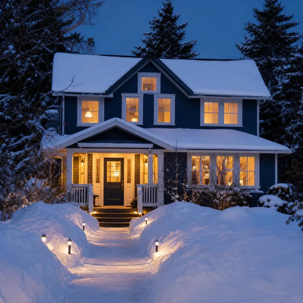 A two-story dark blue house with snow-covered roof and lit windows at dusk, with a shoveled path lined by small lamps leading to the front porch steps, surrounded by snow banks and conifer trees.