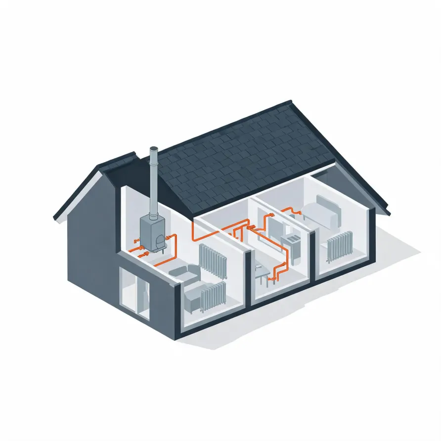 Isometric cutaway illustration of a house showing a boiler with a flue pipe connected by orange pipework to radiators in several rooms.