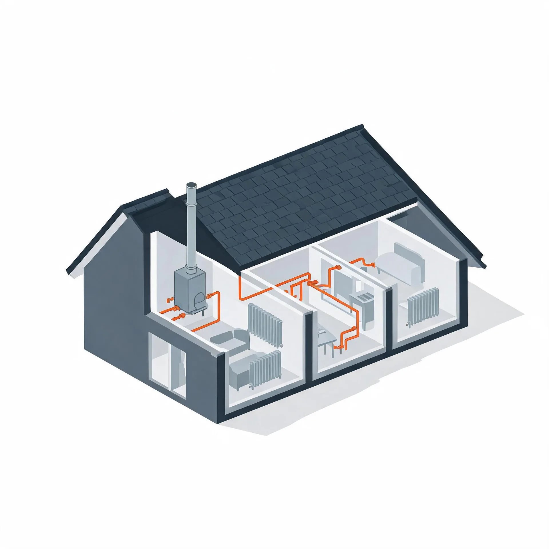 Isometric cutaway illustration of a house showing a boiler with a flue pipe connected by orange pipework to radiators in several rooms.