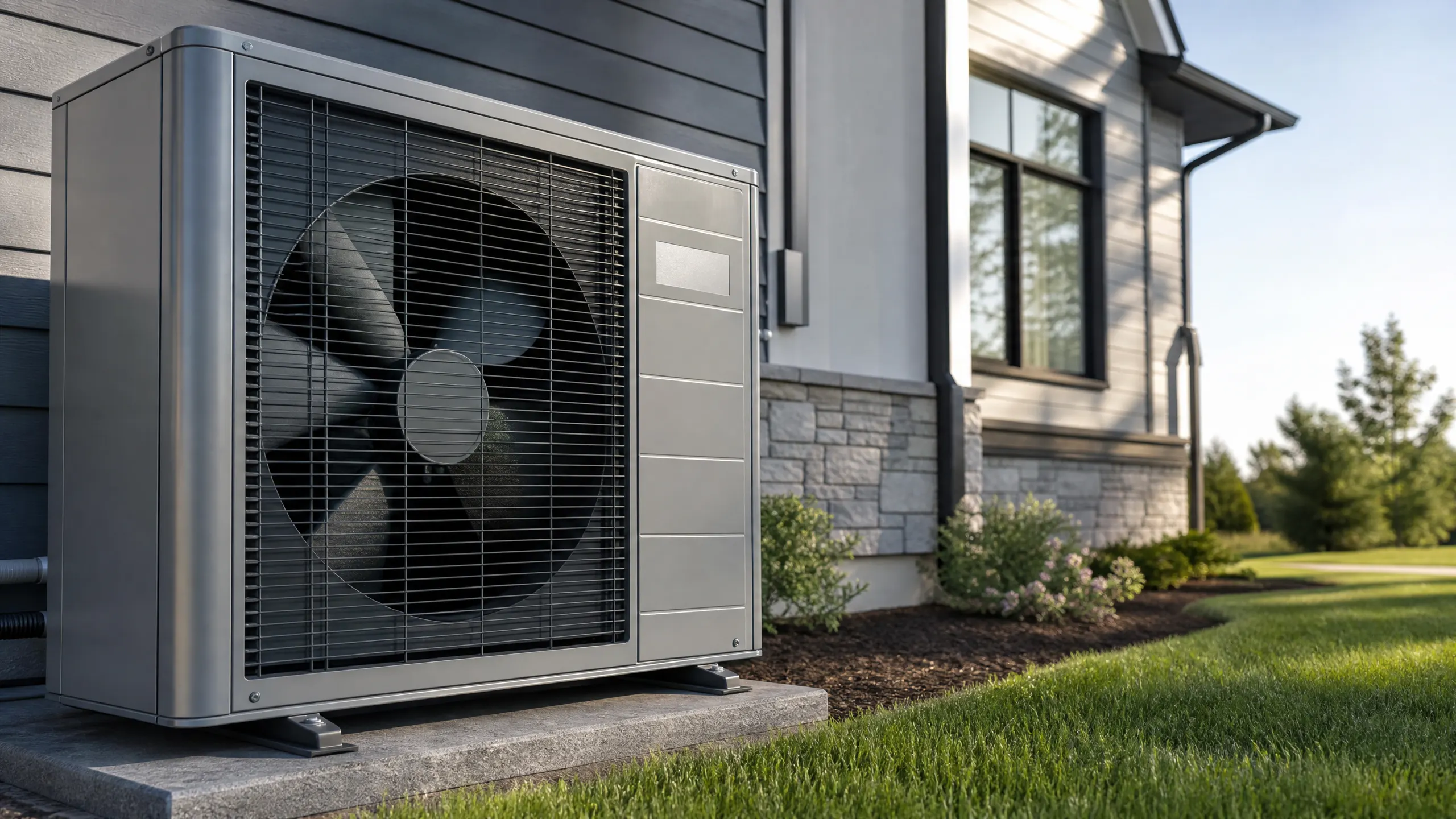 A grey heat pump outdoor unit mounted on a concrete pad against the exterior wall of a house with grey siding and stone veneer.