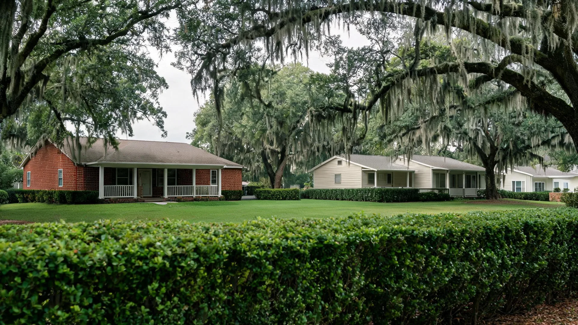 A red brick single-story house with a covered porch and adjacent cream-sided houses behind a trimmed hedge and lawn, framed by large oak trees draped with Spanish moss under an overcast sky.