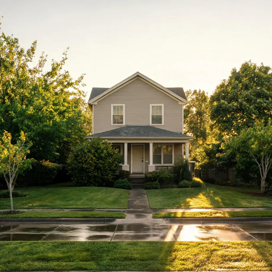 A two-story house with light beige siding, a covered front porch, and gabled roof, set behind a mown lawn, shrubs and leafy trees, with a concrete walkway leading to a wet sidewalk and street in low sunlight.