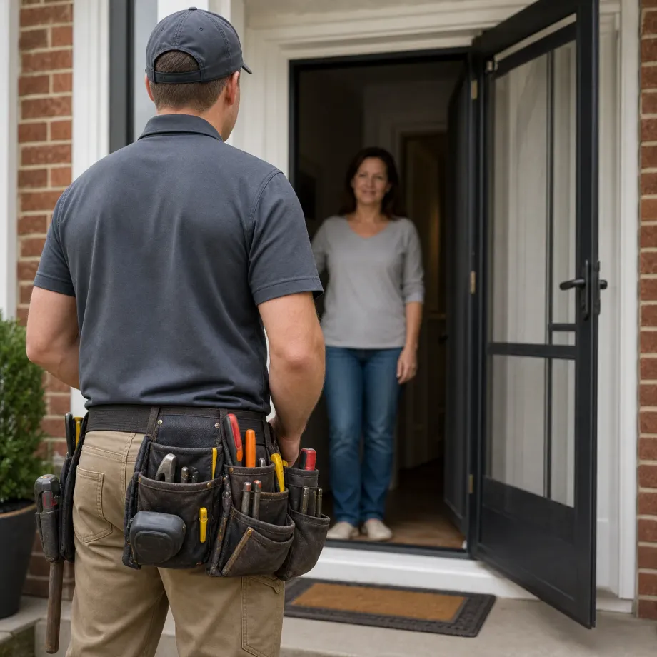 A man in a gray polo shirt and cap with a loaded tool belt stands with his back to the camera at an open doorway, facing a woman in a gray top and jeans standing inside the brick house.