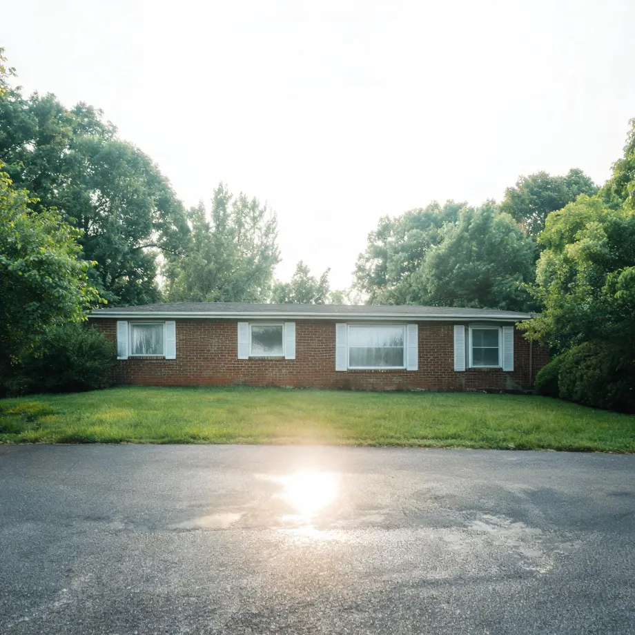 A single-story red brick ranch house with white-trimmed windows and shutters, set behind a mown lawn and a wide asphalt driveway, with deciduous trees behind it and sun flare in the foreground.