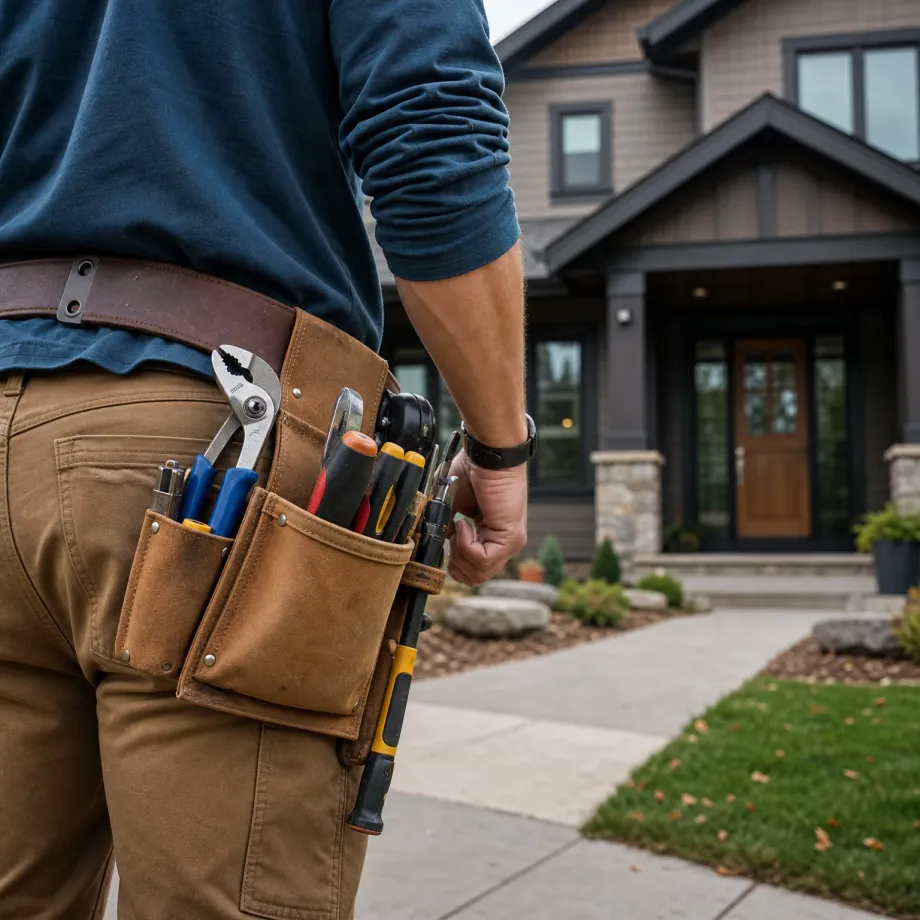 Close-up from behind of a person in a dark blue shirt and tan pants wearing a leather tool belt holding pliers, screwdrivers and other hand tools, standing on a walkway in front of a two-story house with a covered entry, wood door and stone-clad columns.