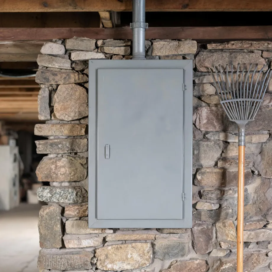 A gray metal electrical panel box mounted on a dry-stacked stone wall under wooden floor joists, with a conduit running up from the box and a leaf rake leaning against the wall at right.
