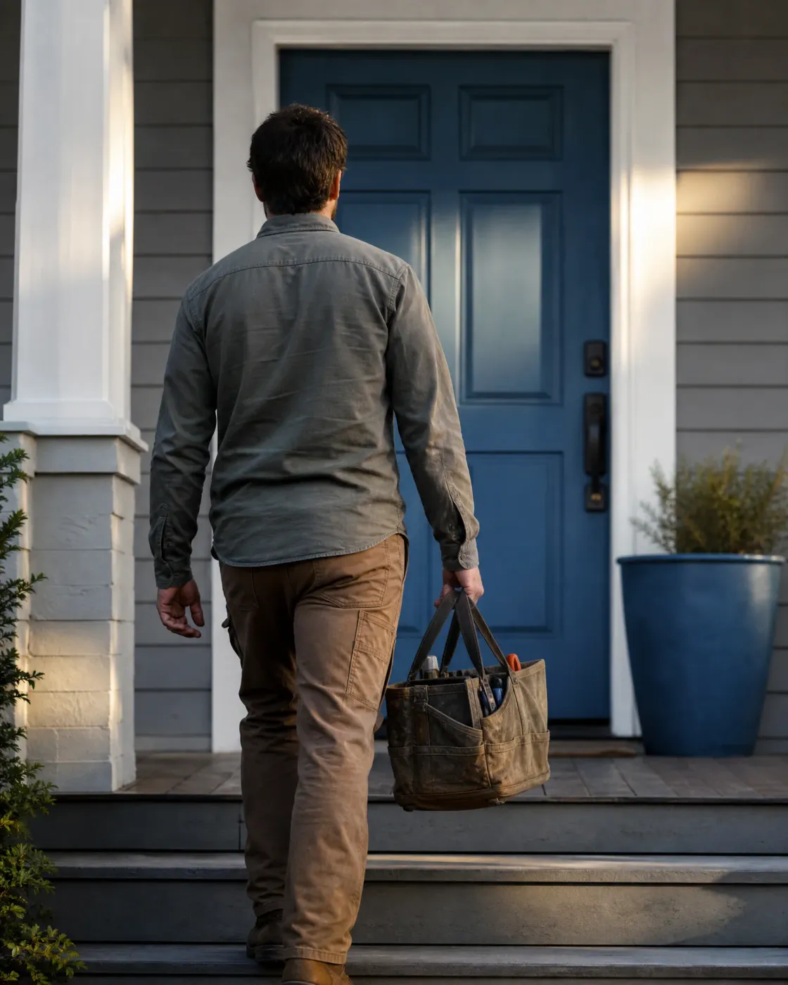 A man in a gray shirt and brown pants, seen from behind, carries a canvas tool bag up porch steps toward a blue front door beside a potted shrub.