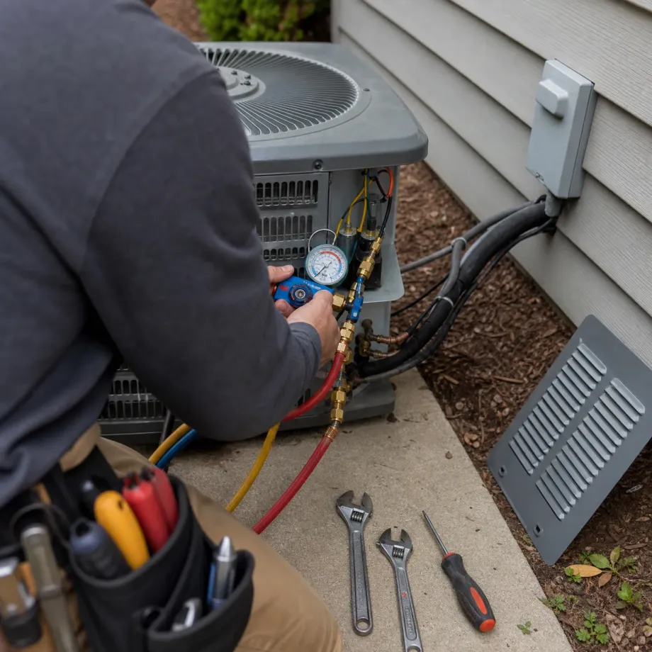 A person in a gray sweatshirt kneels beside an outdoor air conditioning condenser, holding a refrigerant manifold gauge with red, blue and yellow hoses attached, with two adjustable wrenches, a screwdriver and a tool pouch on the concrete pad nearby.