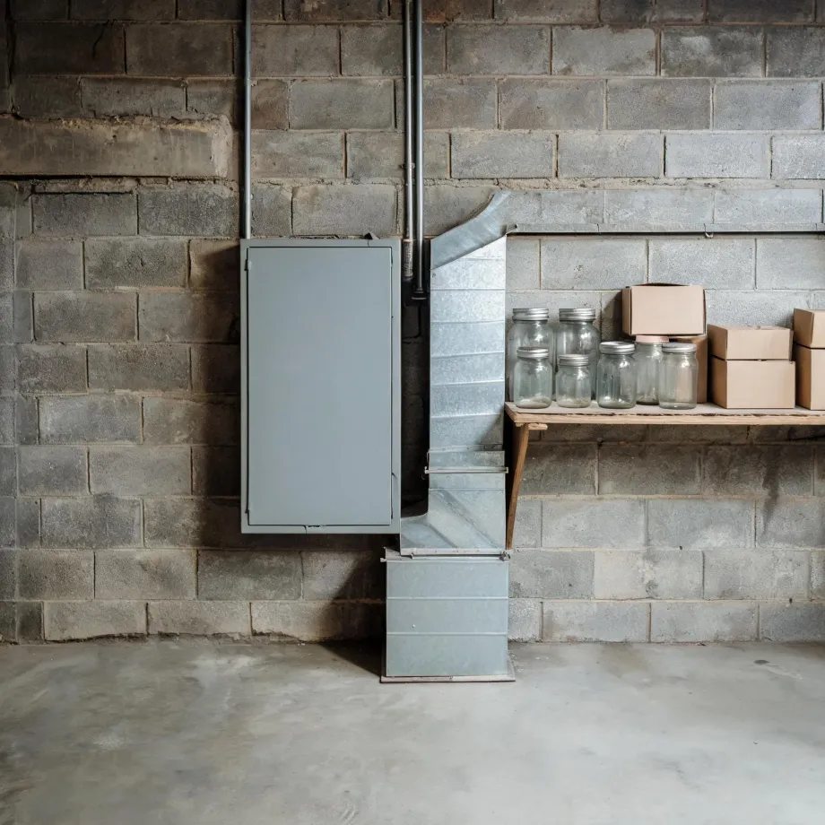 Basement interior with concrete block walls, a gray metal panel box and galvanized sheet-metal ductwork and plenum against the wall, overhead pipes, and a wooden shelf holding glass jars and cardboard boxes.